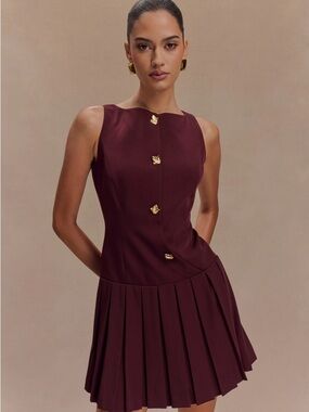 Meshki Sleeveless Pleated Mini Dress - Mahogany